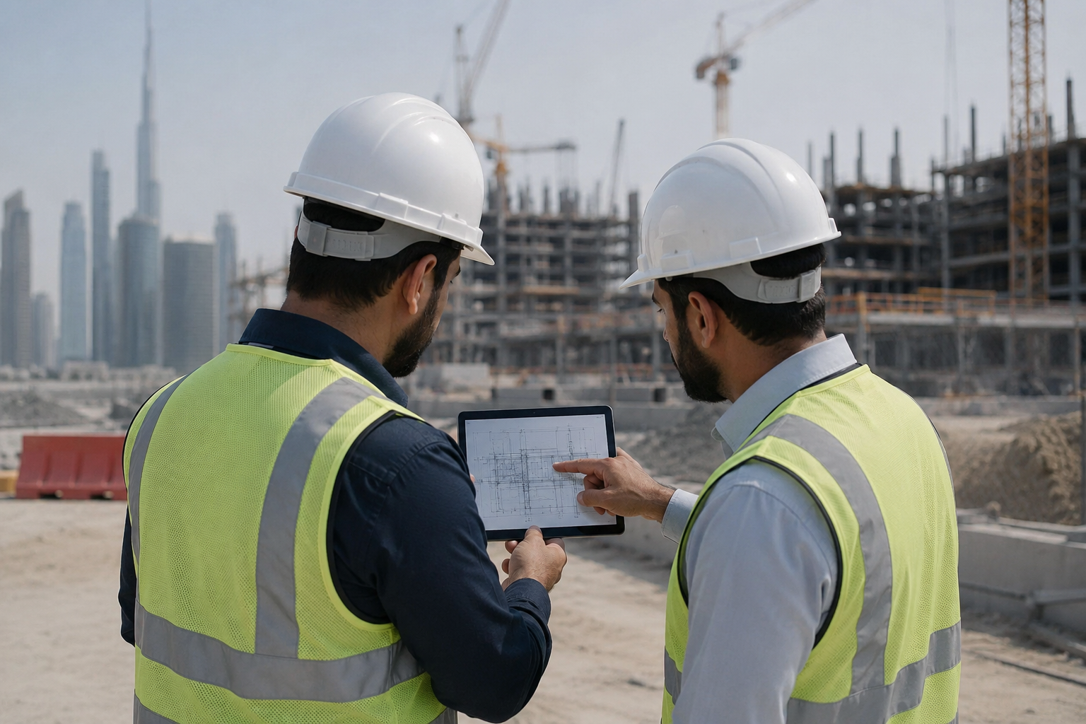 Bushra Malik Trading team reviewing project drawings on a UAE construction site