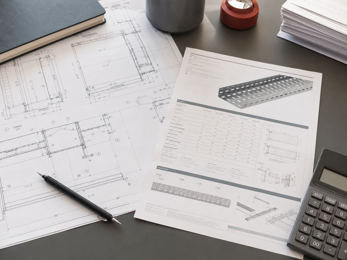 Cable tray load calculation drawings and product datasheet laid out on a desk